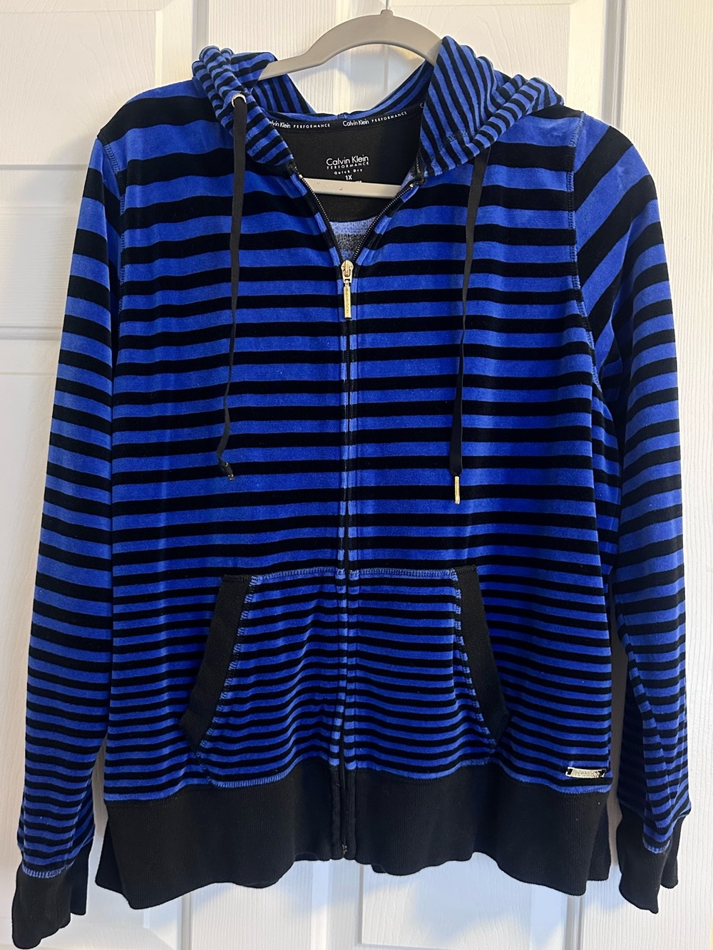 Calvin Klein Royal Blue and Black Striped Velvet Zip-Up Hoodie